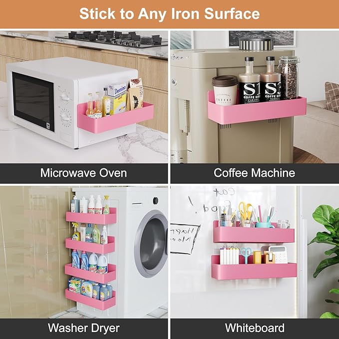 Magnetic Spice Rack for Refrigerator, Kitchen Organizer and Storage Shelf, Pink(4 Pack)