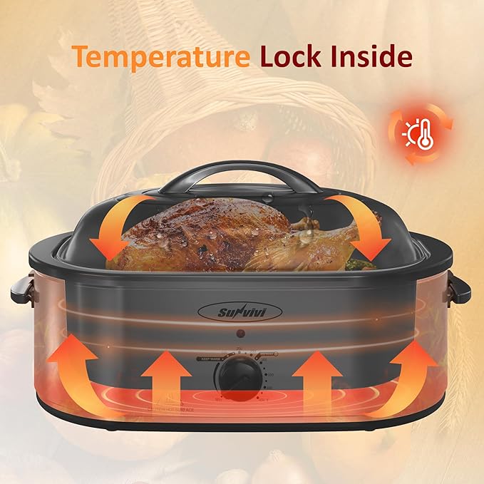 Sunvivi 18-Quart Roaster Oven with Self-Basting Lid, Electric Turkey Roaster Oven with Removable Pan and Rack, Stainless Steel, Sliver