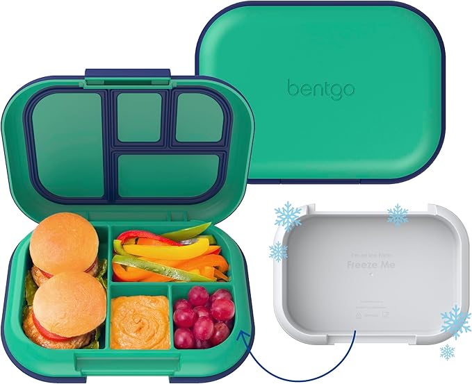 Bentgo Chill Kids Leak-Proof Lunch Box - 4-Compartment Bento Box with Built-In Ice Pack, 3.3 Cup Capacity, PFAS & BPA-Free, Microwave & Dishwasher Safe, Ideal Size for Ages 3 to 7 (Green/Navy)