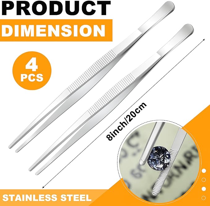 Yaomiao 4 Packs Bar Tweezers 8 Inch Long Garnish Tongs Stainless Steel Korean Bar Tongs for Bartender Cocktail Cooking Food