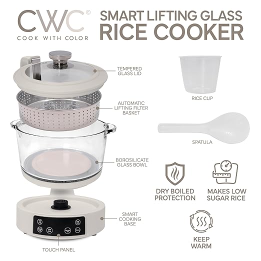 COOK WITH COLOR 3L Glass Low Carb Rice Cooker - Makes 6 Cups Cooked Low Sugar Rice with Auto Lift Filter Basket, Hotpot & Steamer for Rice, Grains and Oats, Digital Panel with Keep Warm, Cream