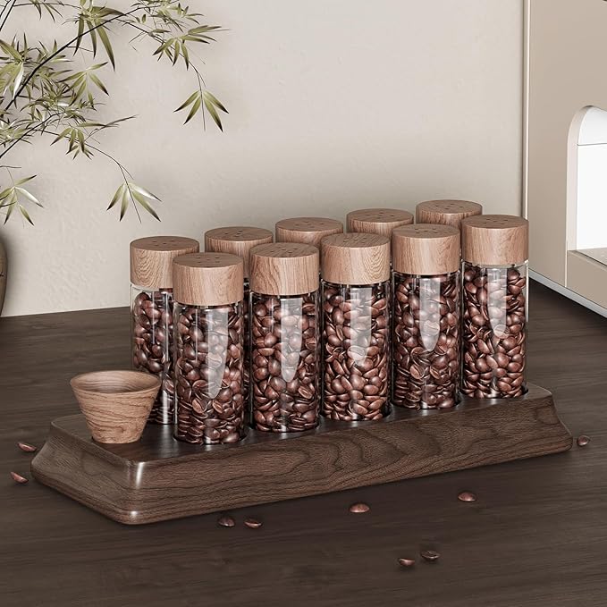 Single Dose Coffee Bean Storage Tubes Coffee Storage Container with One-Way Exhaust Valve,Coffee Bean Cellar 10 Pcs Dosing Glass Vials (2 Oz) Walnut Wood Stand Funnel And Lids