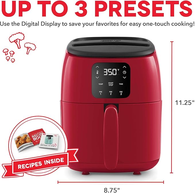 DASH Tasti-Crisp™ Electric Air Fryer Oven, 2.6 Qt., Red – Compact Air Fryer for Healthier Food in Minutes, Ideal for Small Spaces - Auto Shut Off, Digital, 1000-Watt