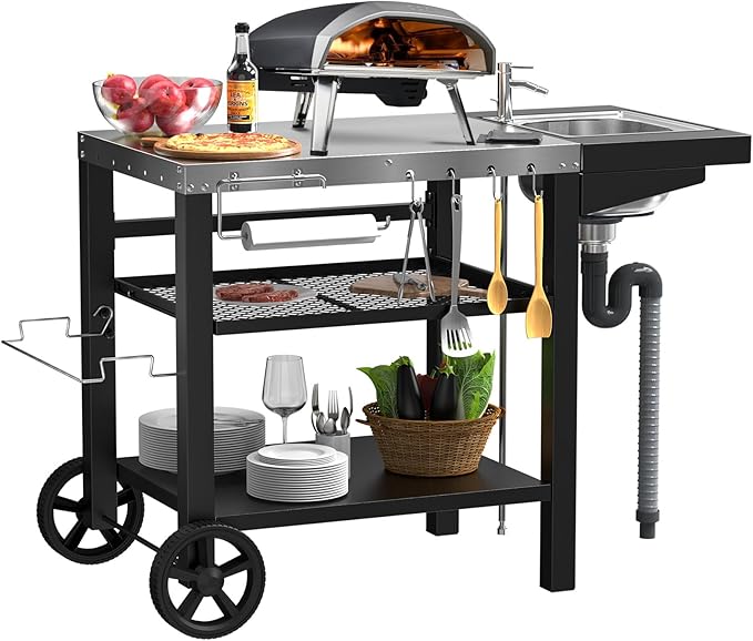 Outdoor Grill Table with Sink, Pizza Oven Cart with Drawer & Wheels, Movable 3 Shelf Food Prep Table for Ninja Woodfire, Blackstone Griddle Stand, Ooni Pizza Oven, Cuisinart, Cooking Station