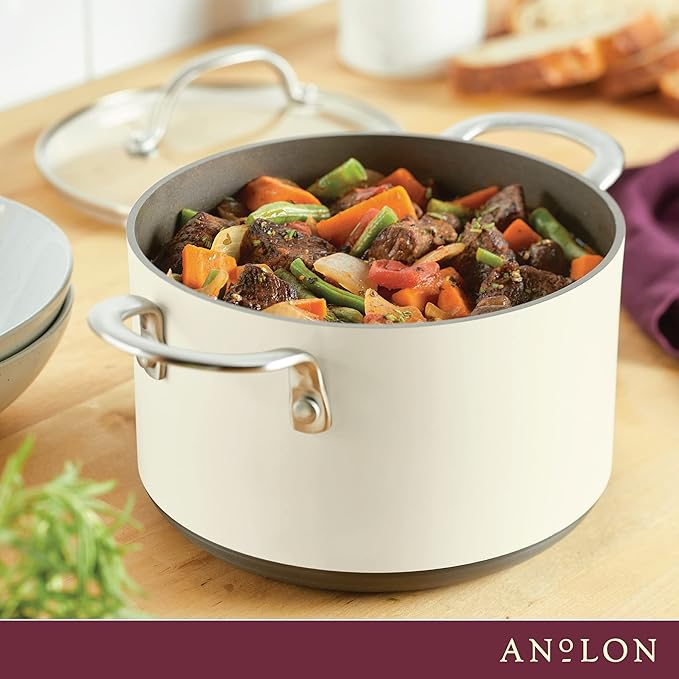 Anolon Achieve Hard Anodized Nonstick Saucepot with Lid, 4 Quart, Cream