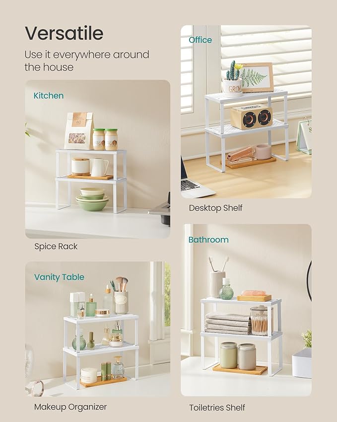 SONGMICS Spice Racks, Set of 2 Metal Cabinet Shelf Organizers, Countertop Organizers, Shelf Risers, Stackable, Expandable, White UKCS003W01