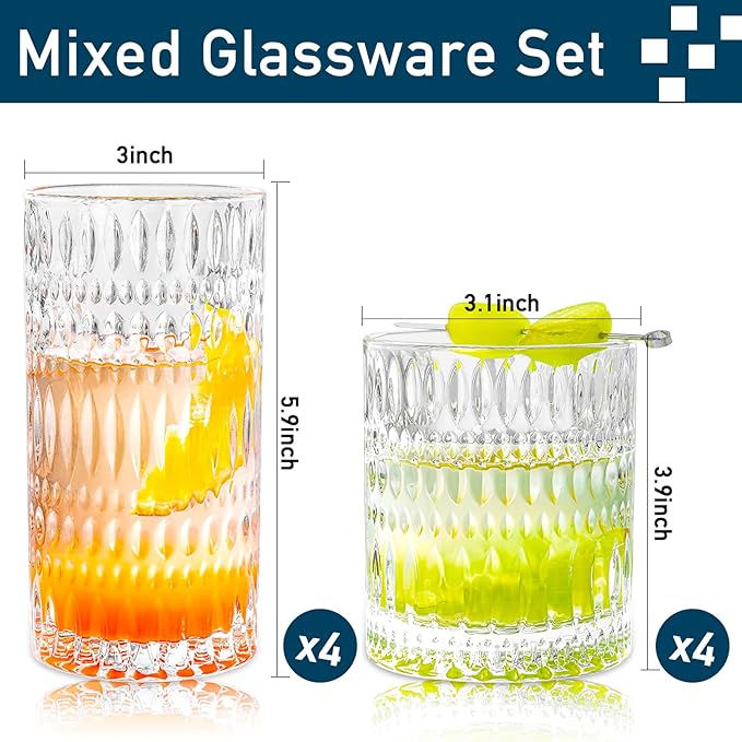 Drinking Glasses, 8 Piece Crystal Glass Cups, Mixed Glassware Set, 4 pcs 13oz Highballs and 4 pcs 11oz Old Fashioned Whiskey Glasses, Great for Cocktail, Whisky and other Beverages