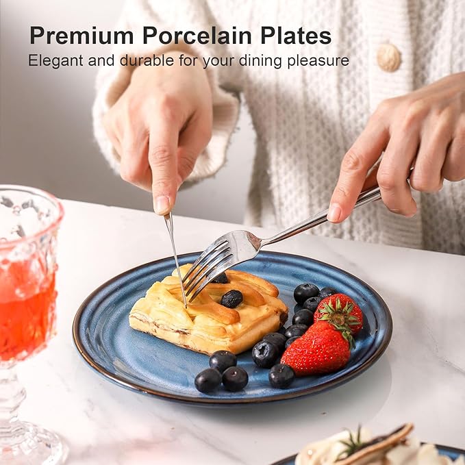 Hasense Dessert Plates Set of 4, 8 Inch Porcelain Salad Dinner Plates Set for Kitchen, Flat Serving Dishes for Appetizer, Pasta, Side Dish, Snack, Microwave and Dishwasher Safe, Blue