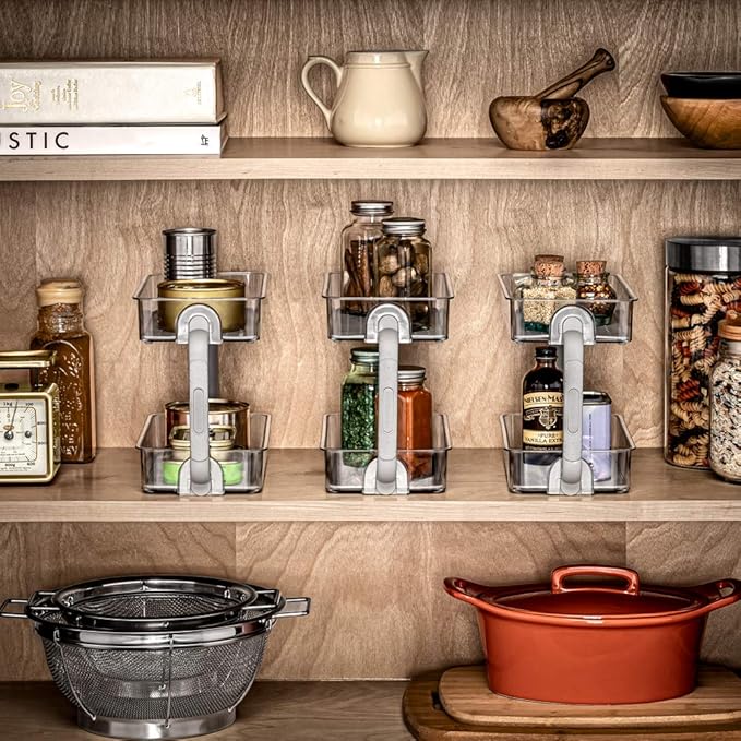 madesmart 2-Tier Plastic Multipurpose Kitchen Spice Organizer, Condiment Storage Spice Shelf for Cabinet Organization, Gray (Pack of 2)