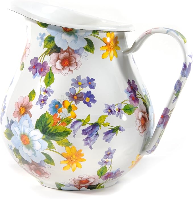 MACKENZIE-CHILDS Enamel Pitcher with Spout for Water, Cut Flowers, and Home Decor, 3 Quarts, White Flower Market