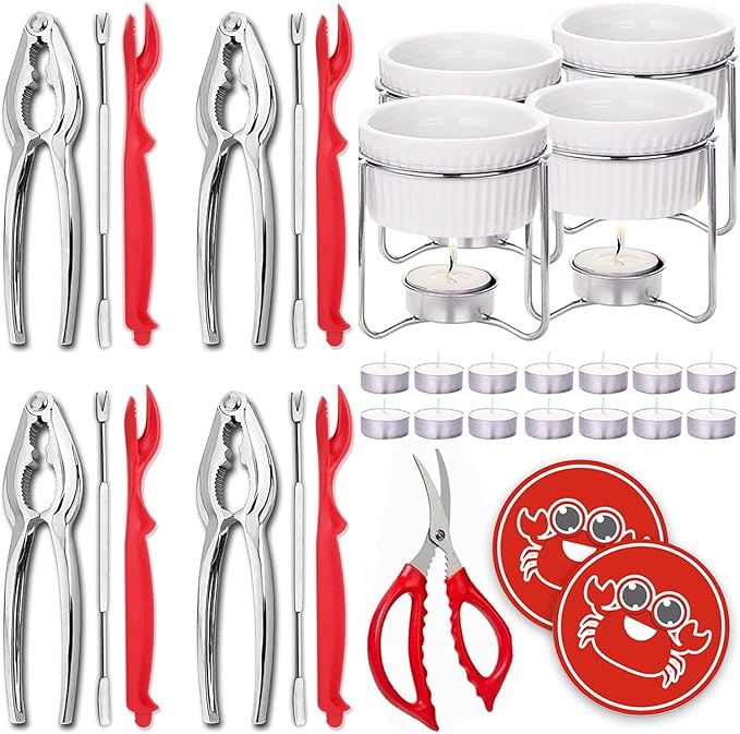 Luvan 33 Pcs Crab Crackers and Tools Set with 4 Crab Leg Crackers, 4 Crab Forks, 4 Lobster Shellers, 4 Butter Warmers, 1 Seafood Scissors, 14 Tealight Candles, 2 Crab Grabber-Seafood Boil Party Supply