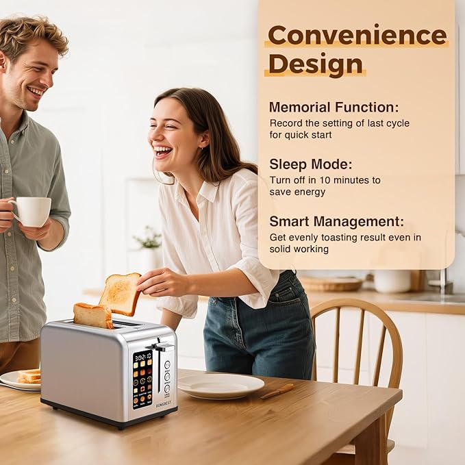2 Slice Touch Screen Toaster, Stainless Steel Toaster with Wide Slots for Bagels and Bread, Reheat/Defrost/Cancel Functions, Removable Crumb Tray, Silver