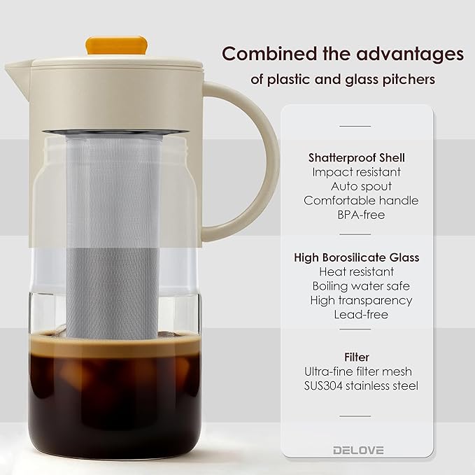 Delove Cold Brew Coffee Maker with Auto Spout – Shatterproof Plastic Shell, Wide Mouth Design – 62 oz (1.9 Quart) Iced Tea Glass Carafe with Removable Removable Mesh Filter (1, Beige)