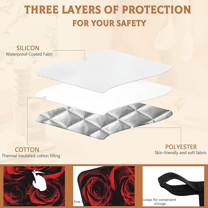 2PCS Rose Pot Holder with Loop,Abstract Red Black Rose Heat Resistant Oven Pads, Hot Pat for Kitchen Cooking Baking Food