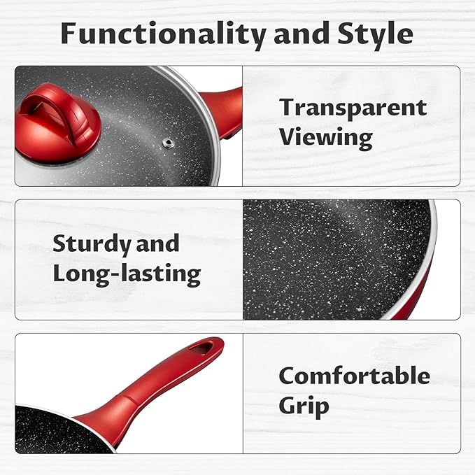 Induction Cookware Pots and Pans Set 10 Piece, BEZIA Dishwasher Safe Nonstick Cooking Pans, Stay-Cool Bakelite Handle, Scratch Resistant Kitchen Sets with Frying Pans, Saucepans & Stockpot (Red)