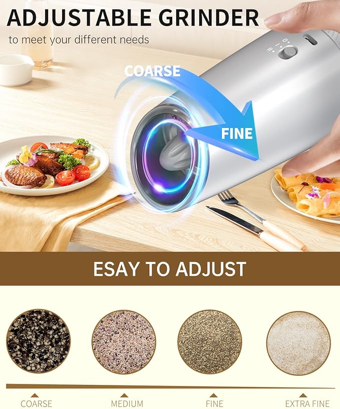 CIRCLE JOY 2-Speed Gravity Electric Pepper Grinder, Rechargeable Salt Grinder Pepper Mills, Adjustable Coarseness, White LED Light, 135ML Large Capacity, Silver
