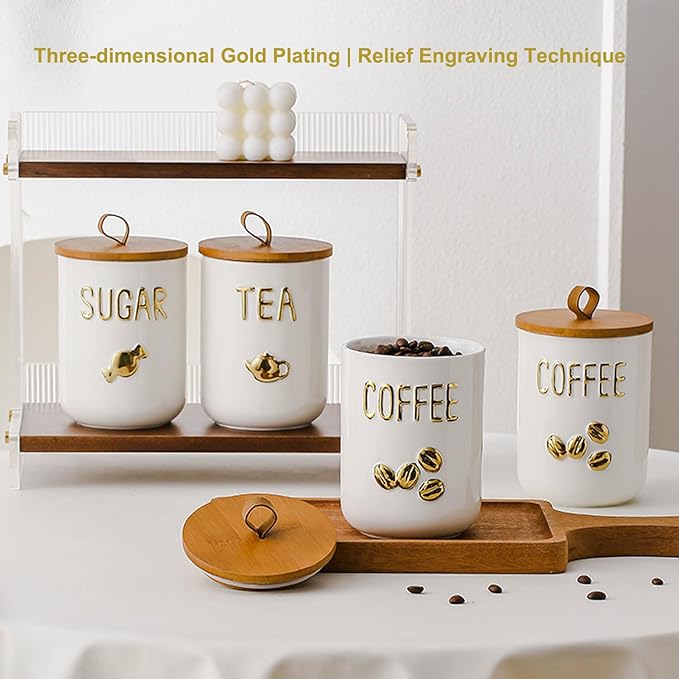 YYW Kitchen Canisters for Countertop, White Airtight Ceramic Canister with Seal Wooden Lid Storage Container for Coffee Bean Ground Coffee Sugar and Tea (Three piece)