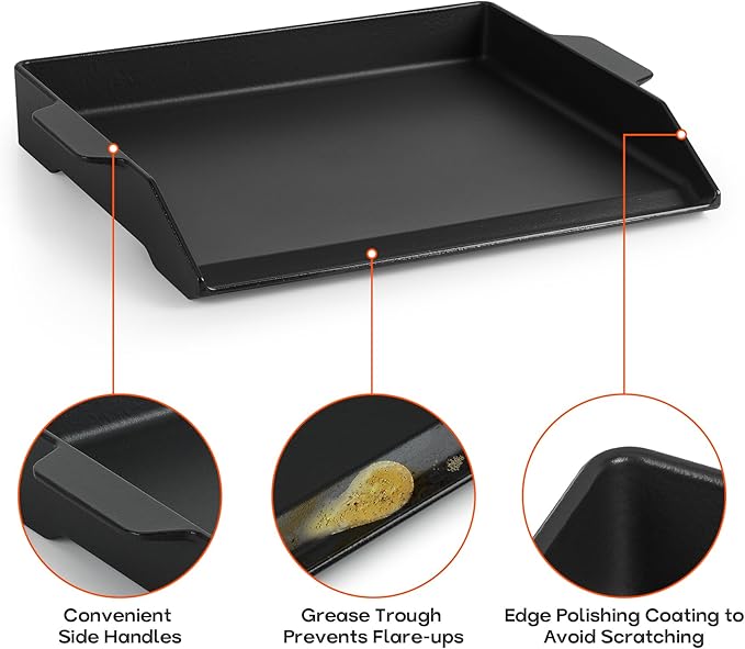 Onlyfire Universal Cast Iron Cooking Griddle, Nonstick Coating Griddle Flat Top Grill Plate with Extra High Sidewalls for Charcoal, Gas Grills and Range Oven, 18.5" × 14"