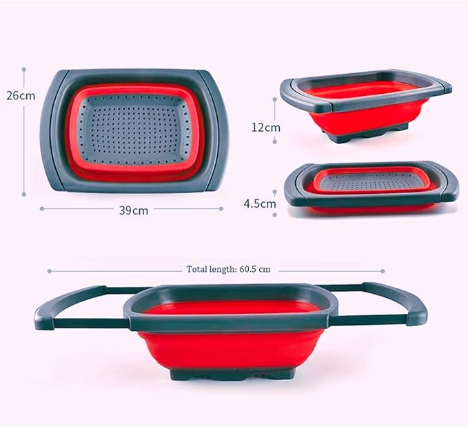 Collapsible Silicone Over-the-Sink Colander – 6-Quart Foldable Strainer with Extendable Handles & 3 Bonus Peelers, Perfect for Vegetables, Fruits, and Pasta|RED