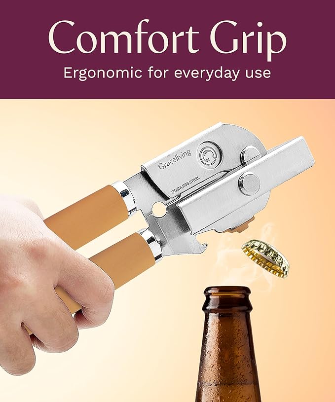 Premium Multifunctional Magnetic Manual Can Opener and Bottle Opener, Heavy Duty Stainless Steel Sharp Cutting Blade and Oversized Easy Turn Knob, Soft-Touch Handle, Kitchen Use, Orange