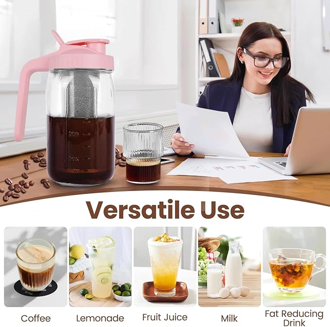Cold Brew Coffee Maker,32 oz Mason Jar Pitcher with Stainless Steel Filter, Pour Spout Handle Lid, Heavy Duty Glass Airtight & Leak-Proof Pitcher for iced coffee Tea Breastmilk Lemonade-Pink