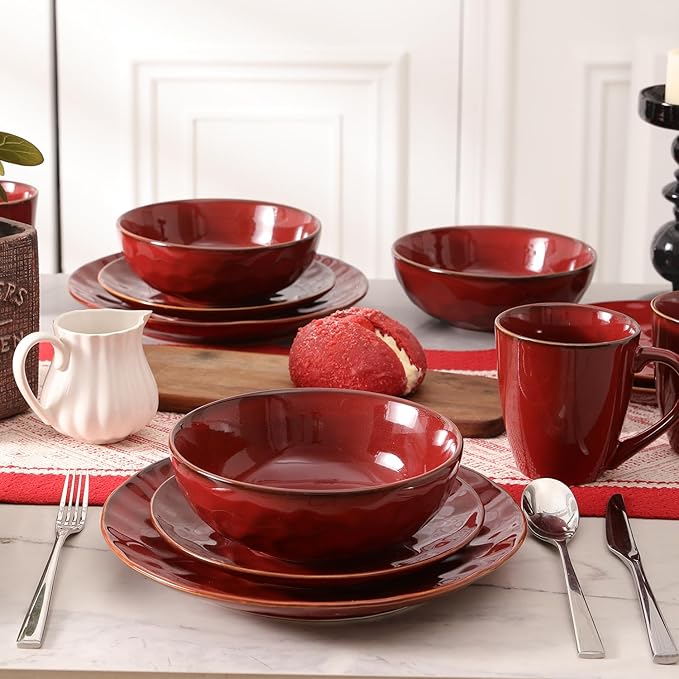 vicrays Ceramic Dessert Salad Plates, 8 Inch, Set of 6, Round, Microwave, Oven, and Dishwasher Safe, Scratch Resistant, Porcelain Fluted Suitable for Snacks, Appetizer, Home, Restaurant (Cherry Red)