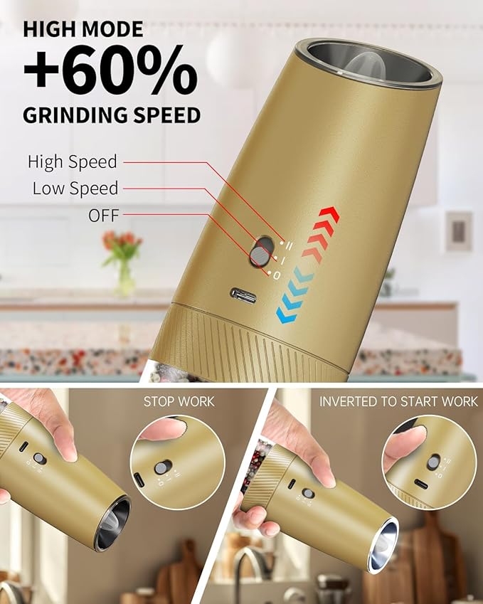 CIRCLE JOY Gravity Electric Salt and Pepper Grinder Set with 2-Speed, Rechargeable Salt and Pepper Grinder Set, Adjustable Coarseness, Whiet LED Light