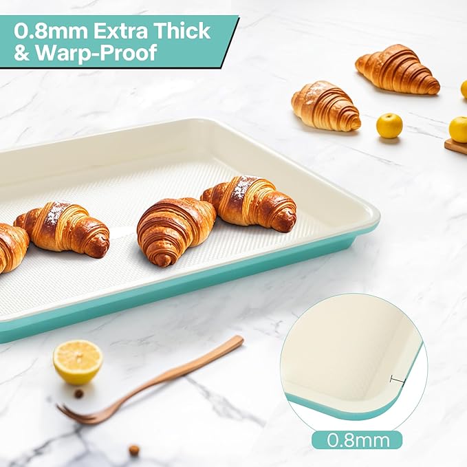 3-Pack Blue Ceramic-Coating Baking Sheet Pans, PFOA/PFOS/PTFE-Free Nonstick Cookie Sheet Trays, 0.8mm Thick Heavy Duty, with Diamond Texture, Replacement Toaster Oven Tray for Everyday Baking