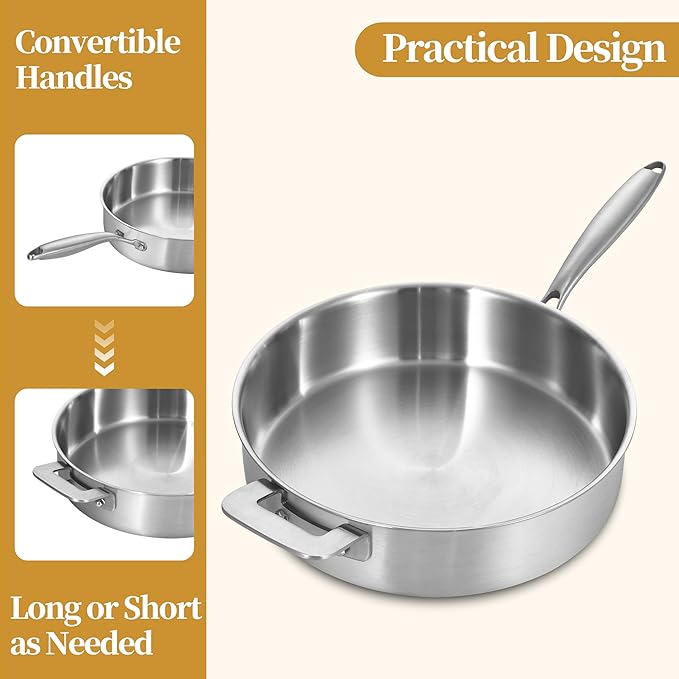 LOLYKITCH 8.5-10 Inch Tri-Ply Stainless Steel Frying Pans and 12 Inch Sauté Pan with Lid,Induction Cookware Set,Multipurpose and Detachable Handle,Dishwasher and Oven Safe