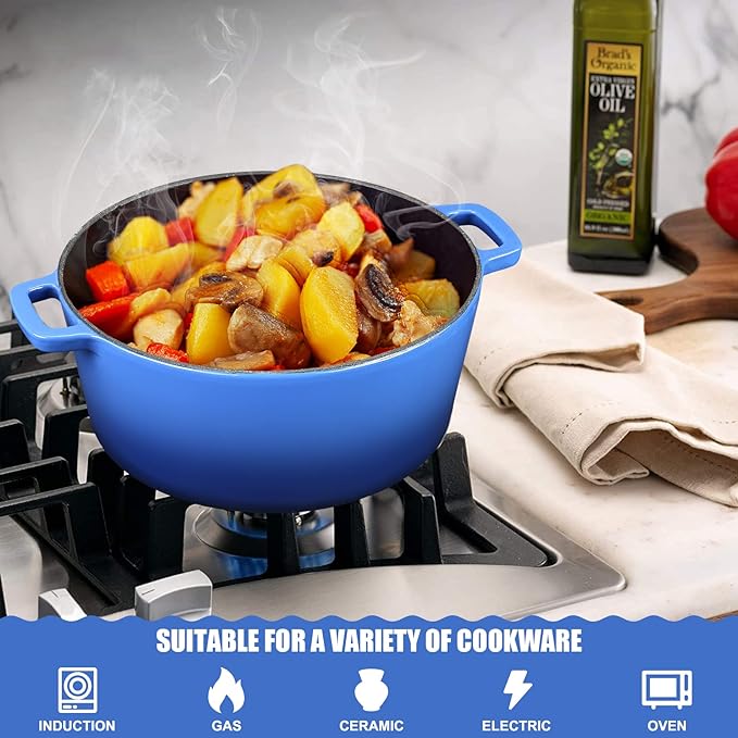 5Qt Dutch Oven, 2-In-1 Enamel Cast Iron Dutch Oven Pot with Skillet Lid, Heavy Duty Oven Safe Cookware for Sourdough Bread Baking Braising, Roasting Stewing Frying Simmering, Multi Stoves, Easy Clean (Gradient Blue)