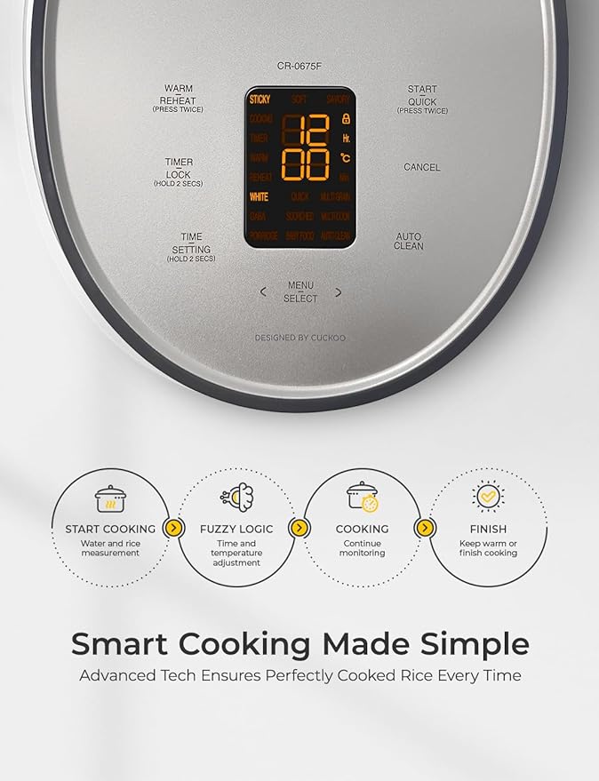 CUCKOO Rice Cooker 6 Cup Uncooked / 12 Cup Cooked, Modern Fuzzy Logic Rice Cooker Small with Delay Timer & Keep Warm Setting, Versatile Food Steamer for Cooking, Non-Stick Inner Pot, Gray (CR-0675FG)