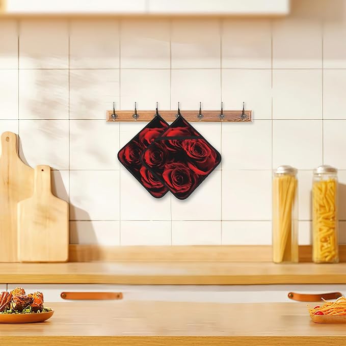 2PCS Rose Pot Holder with Loop,Abstract Red Black Rose Heat Resistant Oven Pads, Hot Pat for Kitchen Cooking Baking Food
