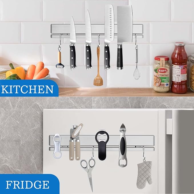 12 Inch Magnetic Knife Holder for Wall with 6 Hooks No Drill-Double Magnetic Bar Strong Adhesive Knife Magnetic Strip-Kitchen Utensil Hanger-304 Stainless Steel Magnetic Kitchen Knife Rack