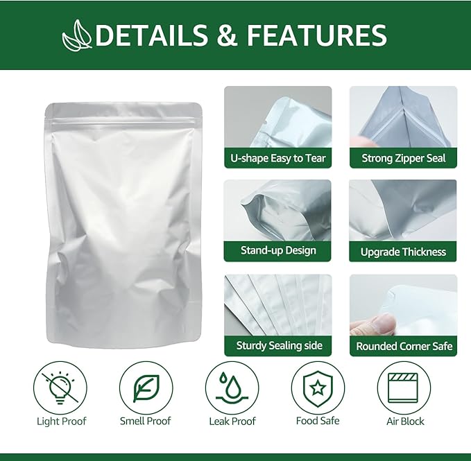 50pcs 1 Quart Mylar Bags for Food Storage 6x9 Stand Up Heat Sealable Foil Pouches, Resealable Smell Proof Freeze Dryer Bags for Long-Term Food Storage