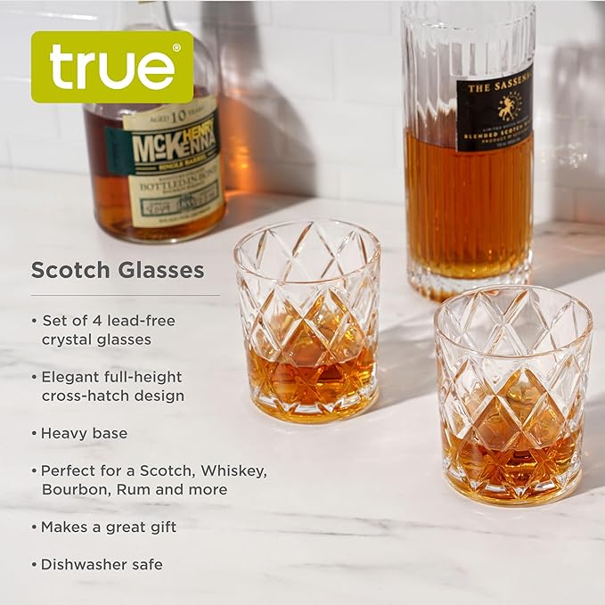 TRUE Diamond Crystal Scotch Bourbon Whiskey Glasses, Old Fashioned Glasses Drinking Set, Whiskey Tumblers, Premium Bar Glassware Set of 4, 11 oz