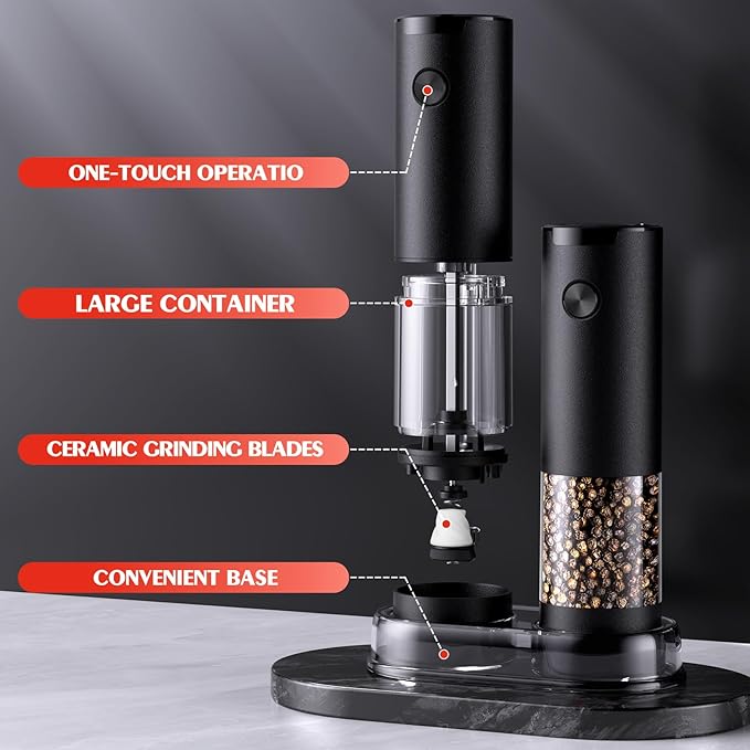 Electric Salt and Pepper Grinder Set Automatic Battery Pepper Mill Shakers Adjustable Coarseness Easy Filling Upgraded Larger Capacity with Led (2 Pack Black/Black）