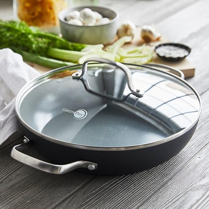 GreenPan Chatham Hard Anodized Healthy Ceramic Nonstick, 11" Everyday Frying Pan Skillet with 2 Handles and Lid, PFAS-Free, Dishwasher Safe, Oven Safe, Gray