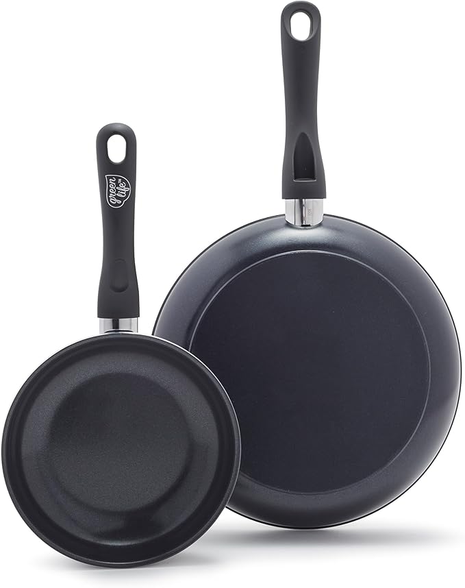 GreenLife Soft Grip 7" and 10" Frying Pan Set, Healthy Ceramic Nonstick, Non Toxic PFAS & PFOA-Free, Dishwasher Safe, Egg Omelet Skillet, Cookware for Easy Cooking, Kitchen Essentials, Black