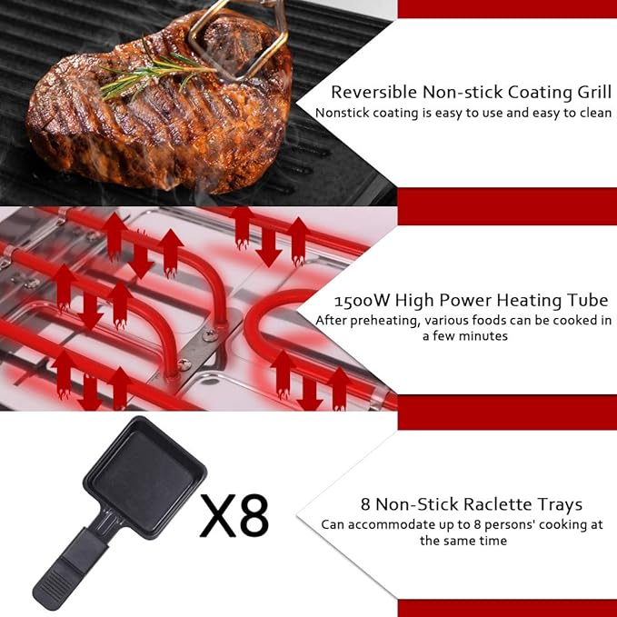 CUSIMAX Raclette Grill Electric Grill Table Portable 2 in 1 Korean BBQ Grill Indoor & Cheese Raclette, Reversible Non-stick plate, Crepe Maker with Adjustable temperature control and 8 Paddles