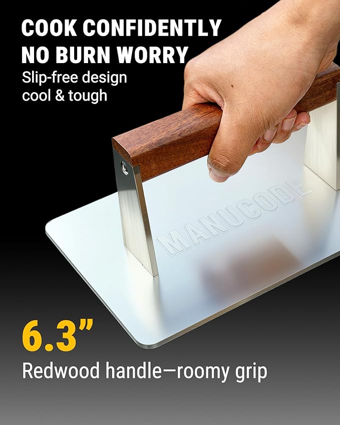 Stainless Steel Bacon Press - 3.2 LB Heavy Cooking Weight, Ideal for Flat Top Grill - Griddle Accessories for Searing Smash Burger, Steak, Sandwich - 9.25 x 5.7 Inches, Flat Bottom, Rectangle