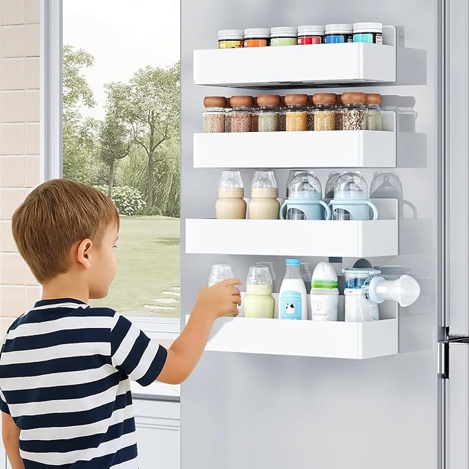 Magnetic Spice Rack for Refrigerator, Kitchen Organizer and Storage Shelf, White (6 Pack)…