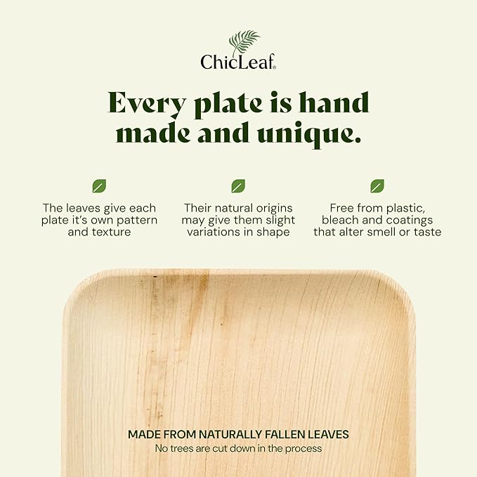 Chic Leaf Palm Leaf Compostable Plates - 6" Square, Pack of 50 - Disposable Dinnerware - Rustic Bamboo Appetizer Plates - Charcuterie Boards & Biodegradable Serviceware