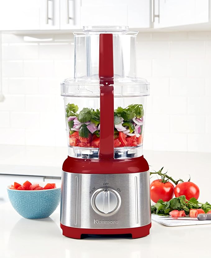 Kenmore 11 Cup Food Processor - Vegetable & Fruit Salad Cutter, Multifunctional, Chopper, Clicer, Mincer, Puree, Grater, Blades, Shredder, Compact Stainless Steel Kitchen Appliances, 500 W Red