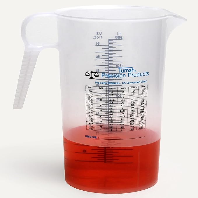 Half Gallon 64oz (2 quart) Measure Pitcher- Conversion Chart-Strong Food Grade - Resistant to Chemicals- Great for Lawn, Pool & Spa, Ag, Home Hobbies, Lye, Cooking, Shop Motor Oil Fluids Made In USA