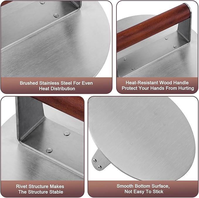 Extra Large Stainless Steel Burger Press, 8.5" NonStick Hamburger Smasher Tool & Grill Press, 2.5 lbs Heavy Duty Bacon Press with Wood Handle for Blackstone Camp Chef Pitboss Weber Griddle Grills