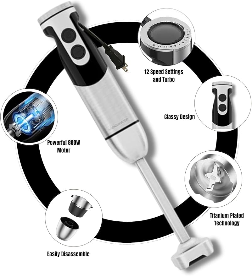 Megawise High-Power Hand Blender – 400W Max Power with Versatile 3-in-1 Attachments (Blending Shaft, Whisk, Chopper); Ergonomic Design with Adjustable Speed Control; Easy to Clean and Maintain (Black)