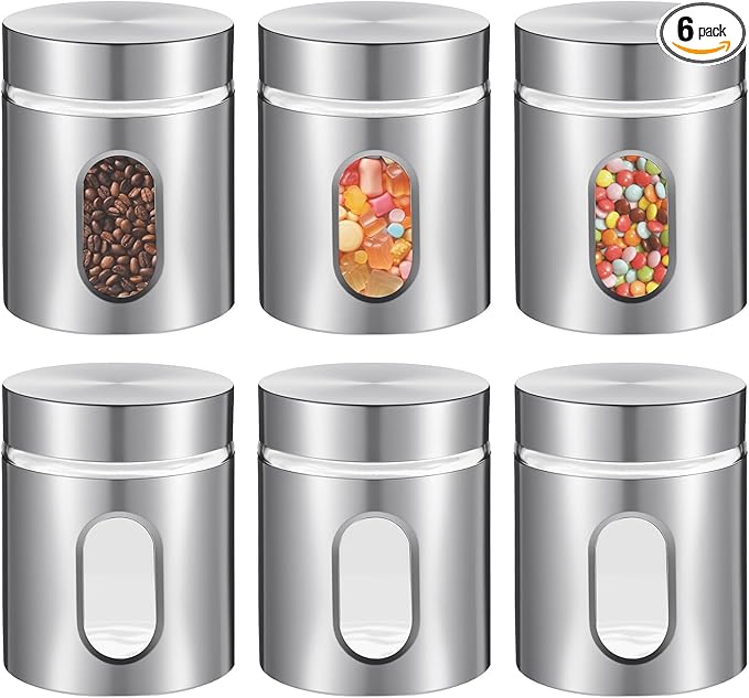 6 Pack Kitchen Canisters Set 20 oz Stainless Steel Canisters with Window Glass and Lids Airtight Coffee Sugar Tea Candy Storage Jars Food Storage Container for Flour Cookies Spices Grains