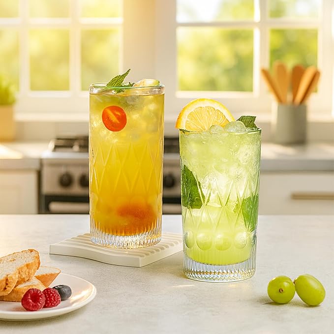 YULEER Drinking Glasses Set of 8, Glassware Drink Set, 4pcs 12oz Highballs and 4pcs 10oz Whiskey Glasses, Mixed Drinkware Easy to Clean for Whiskey, Cocktail, Margarita, and other Beverages
