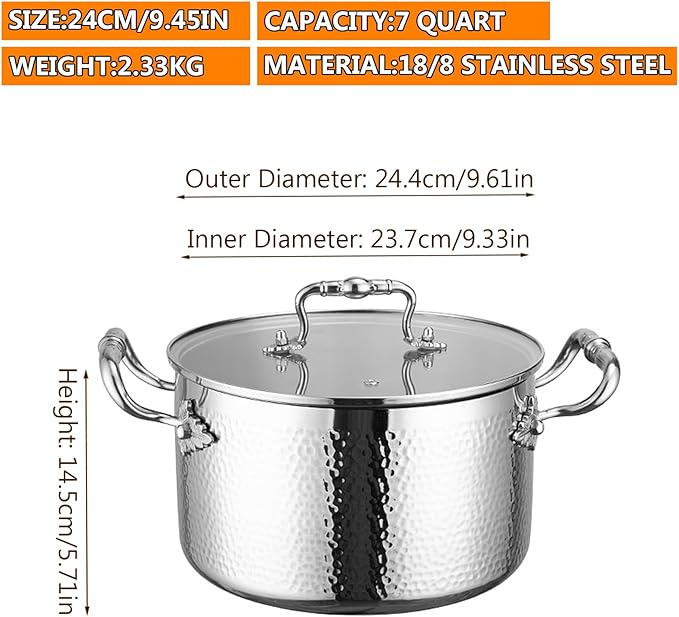 Stainless Steel Stock Pot with Visible Lid for Pasta, Soup, Spaghetti, Nonstick Thick Bottom Stockpot, Induction Pasta Pot Compatible with All Cooktops, Dishwasher Safe,7QT