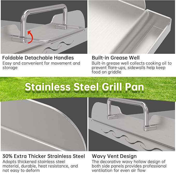 Universal Stainless Steel Griddle Flat Top Plate with Even Heating Bracing for BBQ Charcoal and Gas Grills, Camping, Tailgating, and Parties,with Grease Groove and Removable Handles (17" x 13")